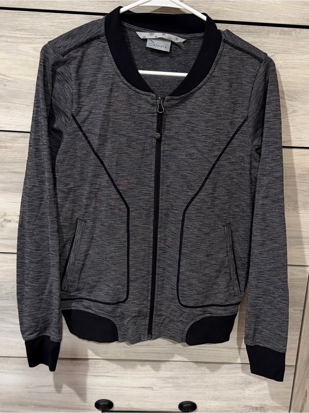 Athleta Charcoal Heather Bomber Jacket with Black Trim